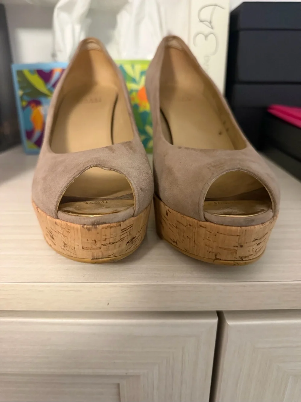 Stuart Weitzman Taupe Suede Peep-Toe Pumps with Gold Accent - Picture 5 of 8